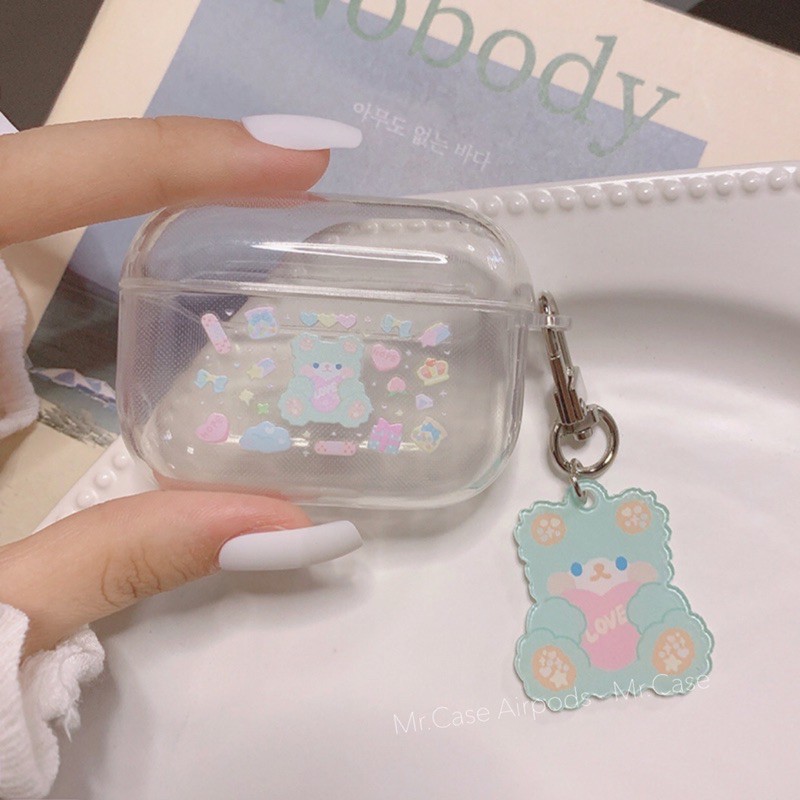 Case Airpods 1/2 /Pro Vỏ Ốp Tai Nghe Dẻo trong Hình thỏ Xanh Kèm Móc Xinh - Mr.Case AirPods