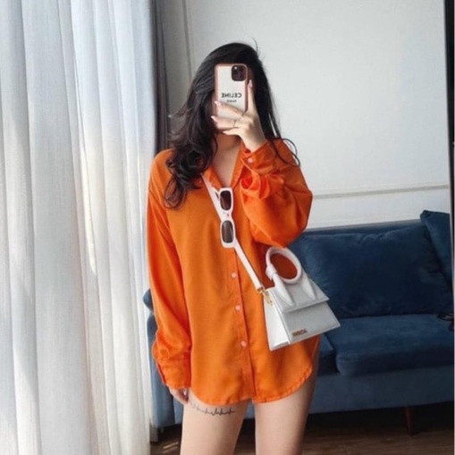 Áo sơ mi nữ dài tay Bingshop màu cam dáng trơn basic