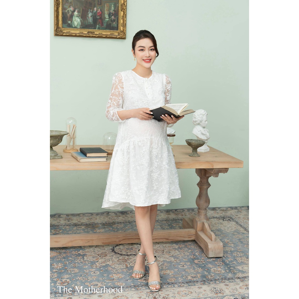 Váy Bầu Thiết Kế Chất Liệu Ren 3D Phối Khuy Trai Sang Trọng Đủ Size Cho Mẹ Bầu Và Sau SinhTừ 47-85kg BELLA MAMA - D132