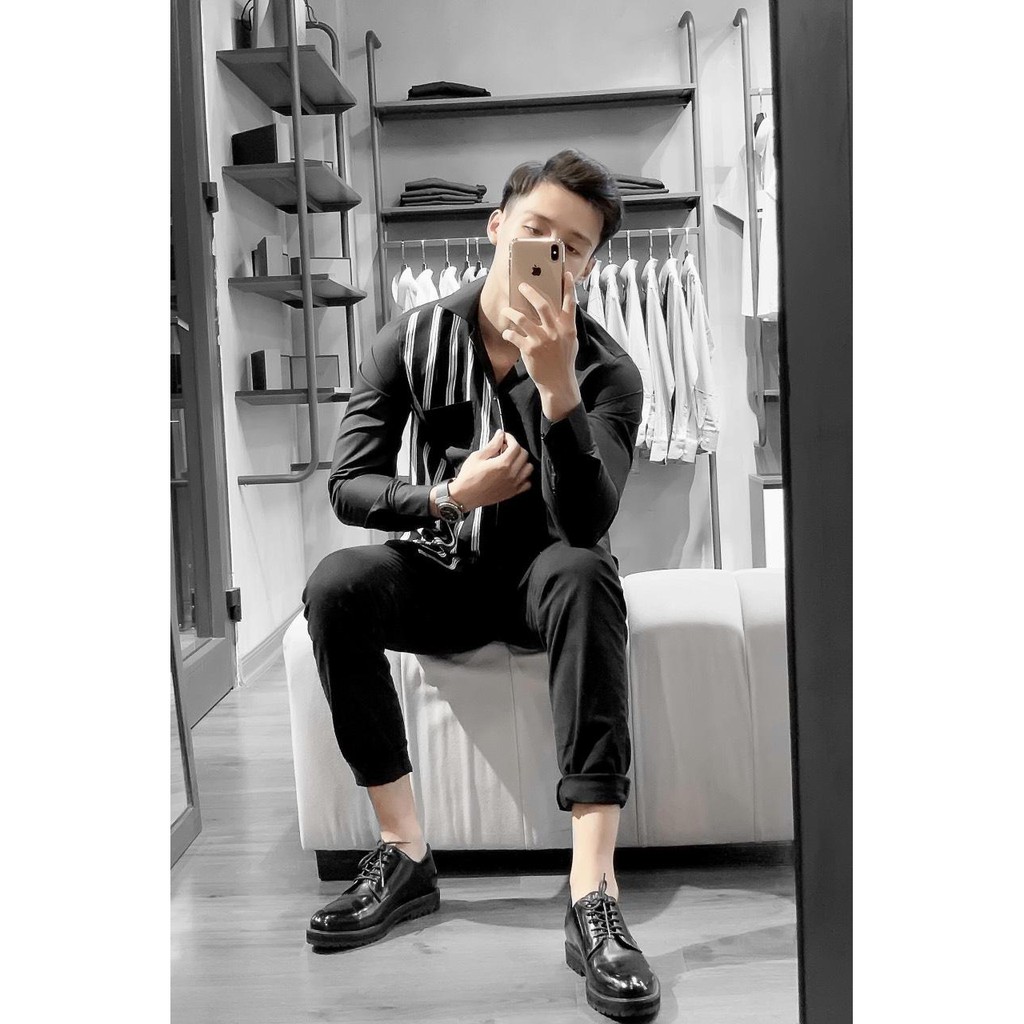 [Mã FAMAYMA2 giảm 10K đơn 50K] Áo sơ mi Nam cổ bẻ tay dài sọc 2 màu HM