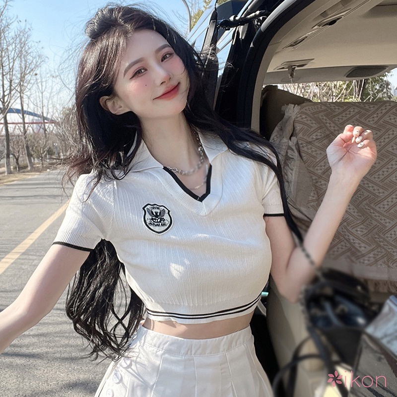 Áo Croptop Dệt Kim Tay Ngắn Cổ Chữ V Phong Cách Hàn Quốc