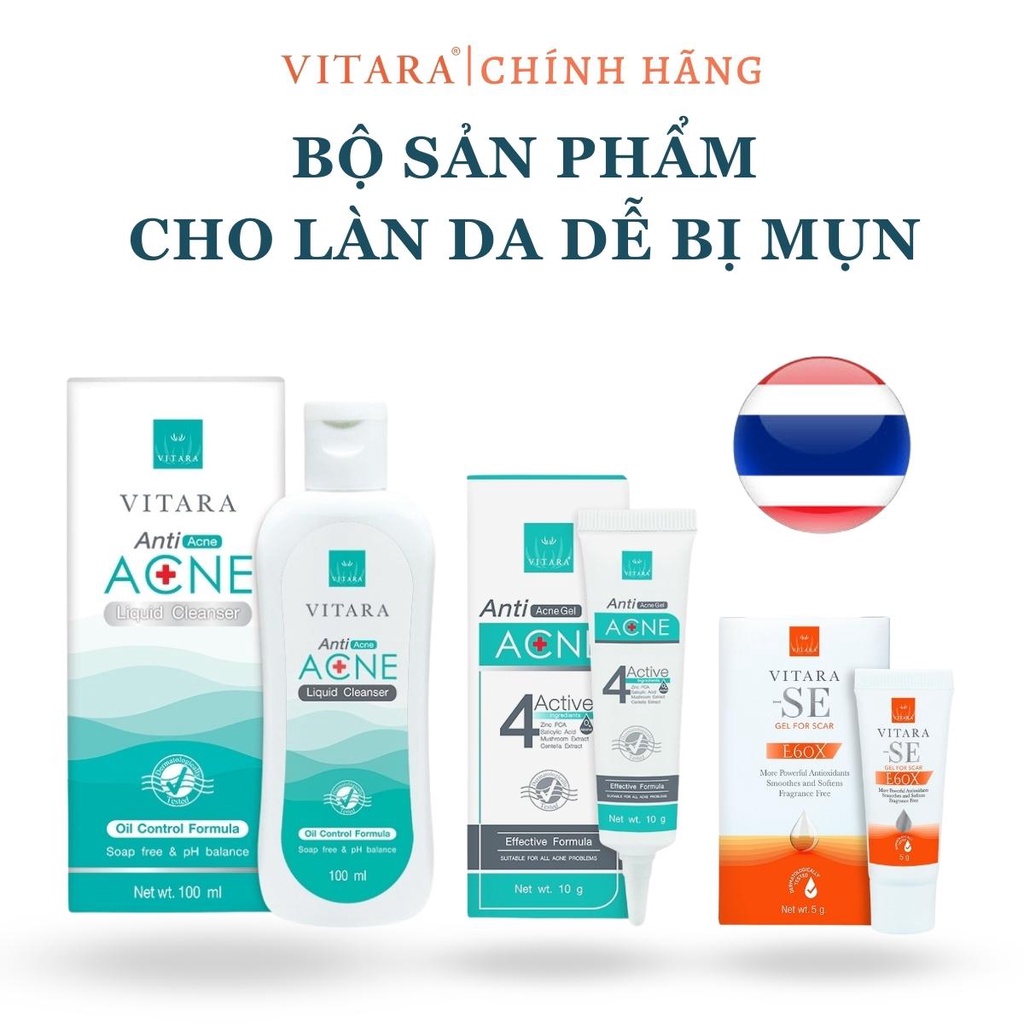 Combo Gel rửa mặt Vitara Anti Acne 100ml-Gel thoa mụn Vitara Anti Acne 10g-Gel thoa sẹo Vitara SE 5g giảm mụn, mờ thâm