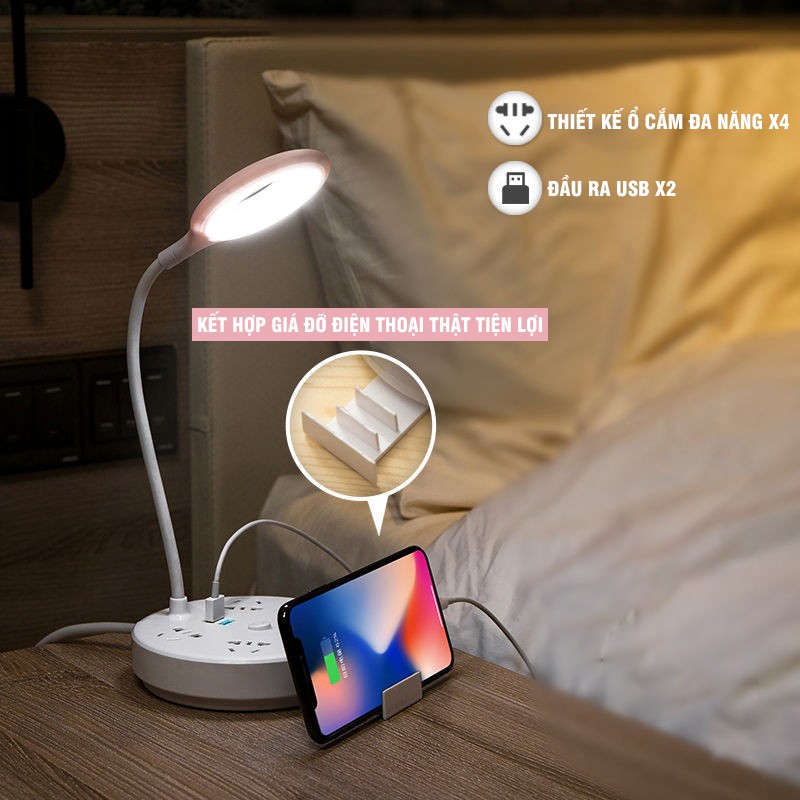 Đèn Bàn Tích Hợp 4 Ổ Cắm Điện Đa Năng Có Đầu Ra USB Dây Đèn Bàn Dài 0.8m