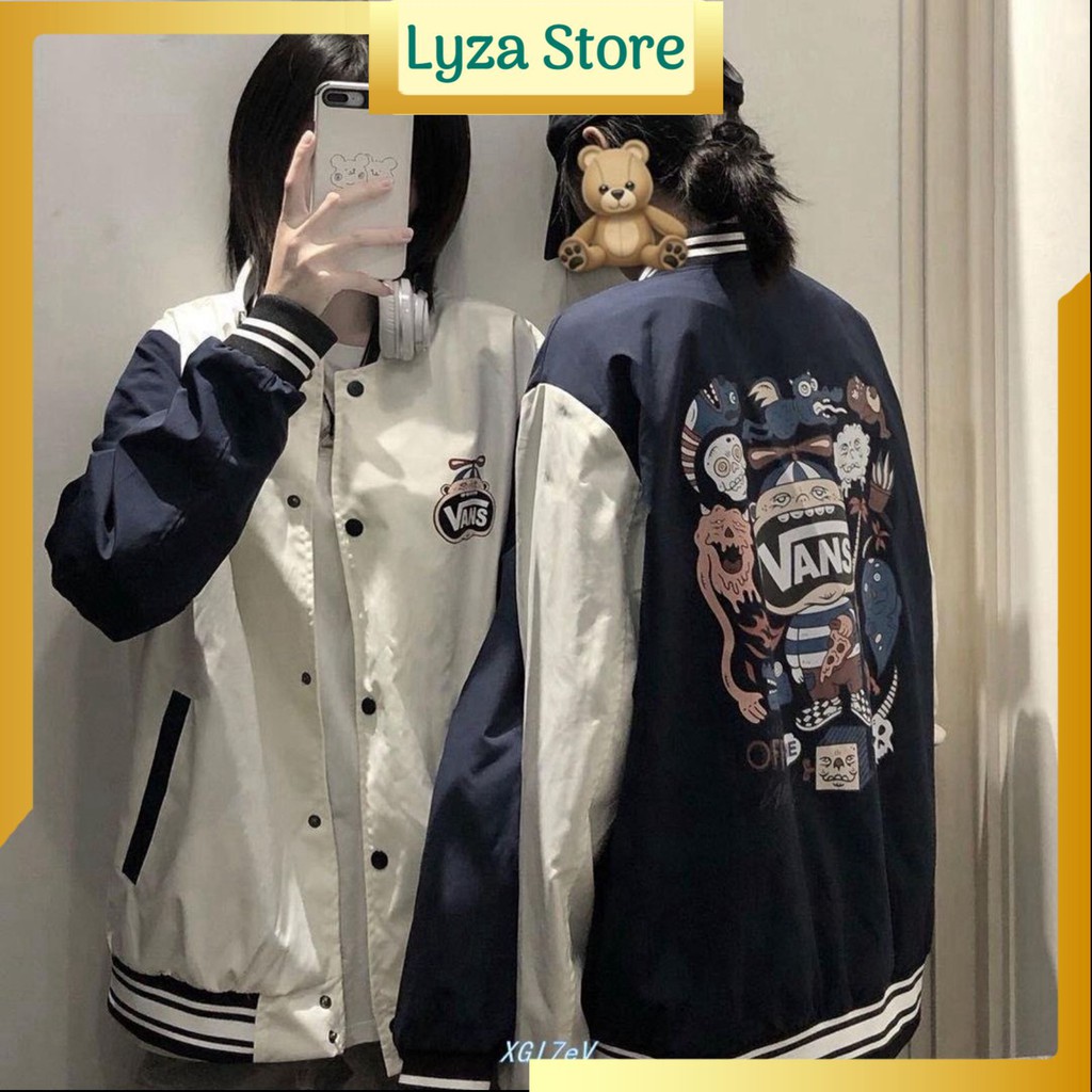 Áo bomber nỉ nam nữ bóng chày vans hoa tiệt hoạt hình dưới 60kg