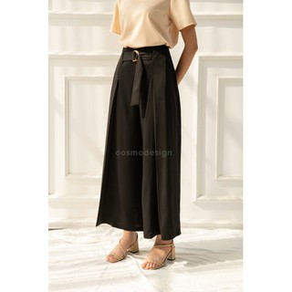 Quần suông đen xếp ly thắt dây đai