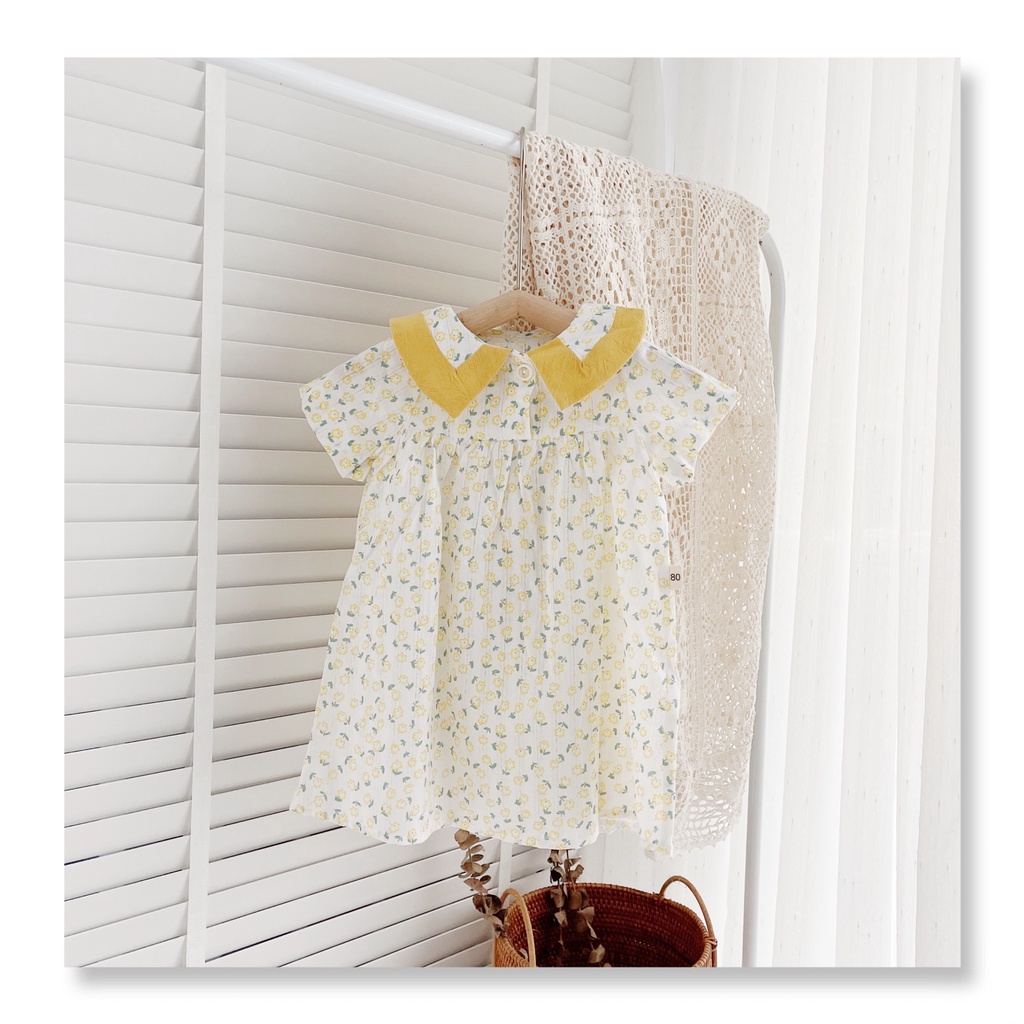Váy hè cộc tay hoa nhí cổ phối màu cho bé 8-23Kg  - Chất thô hoa mỏng mát