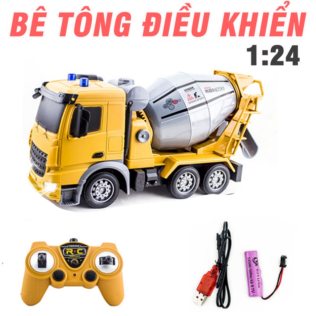 Xe bê tông điều khiển từ xa đồ chơi trẻ em mô hình tỉ lệ 1:24 xoay được thùng trộn bằng điều khiển