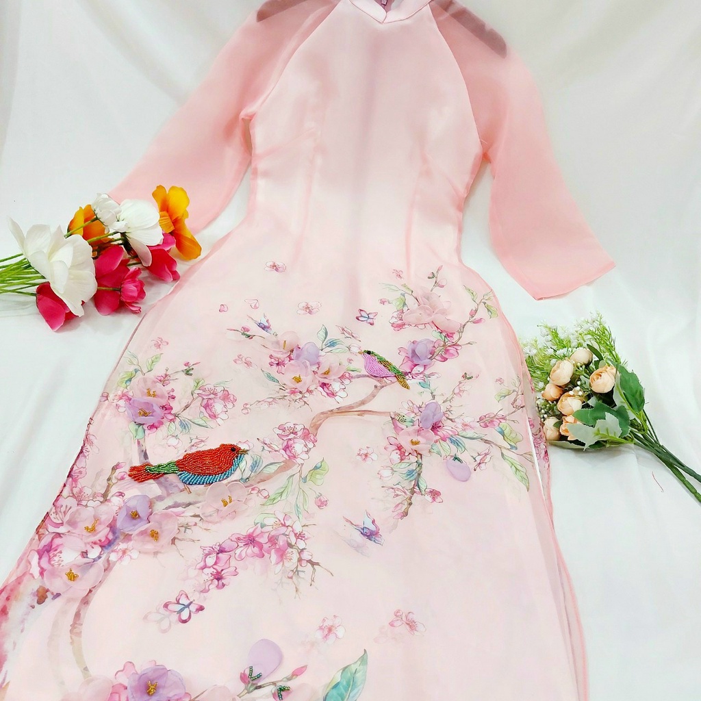 Áo dài cách tân nữ màu hồng nhạt in hoa dịu dàng - A16