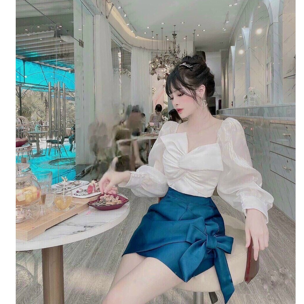 Áo kiểu kèm chân váy phối nơ quá đẹp
