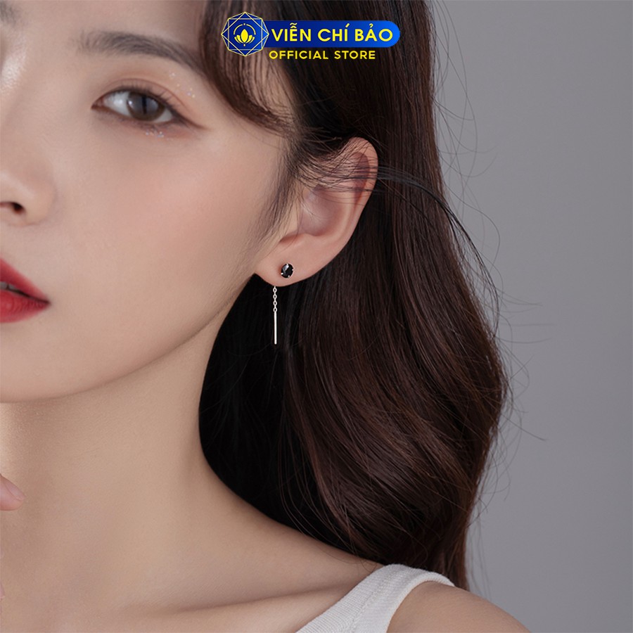 Bông tai bạc nữ đính đá đen dây xích bạc 925 thời trang phụ kiện trang sức Viễn Chí Bảo B000153x