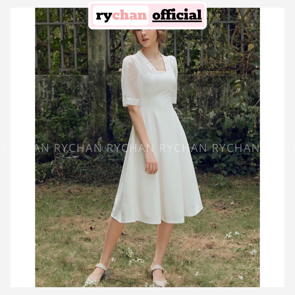 Đầm Trắng Xòe Công Chúa Cổ Vuông Phối Lưới Đính Hạt Lót Trong Dày Dặn - DX495