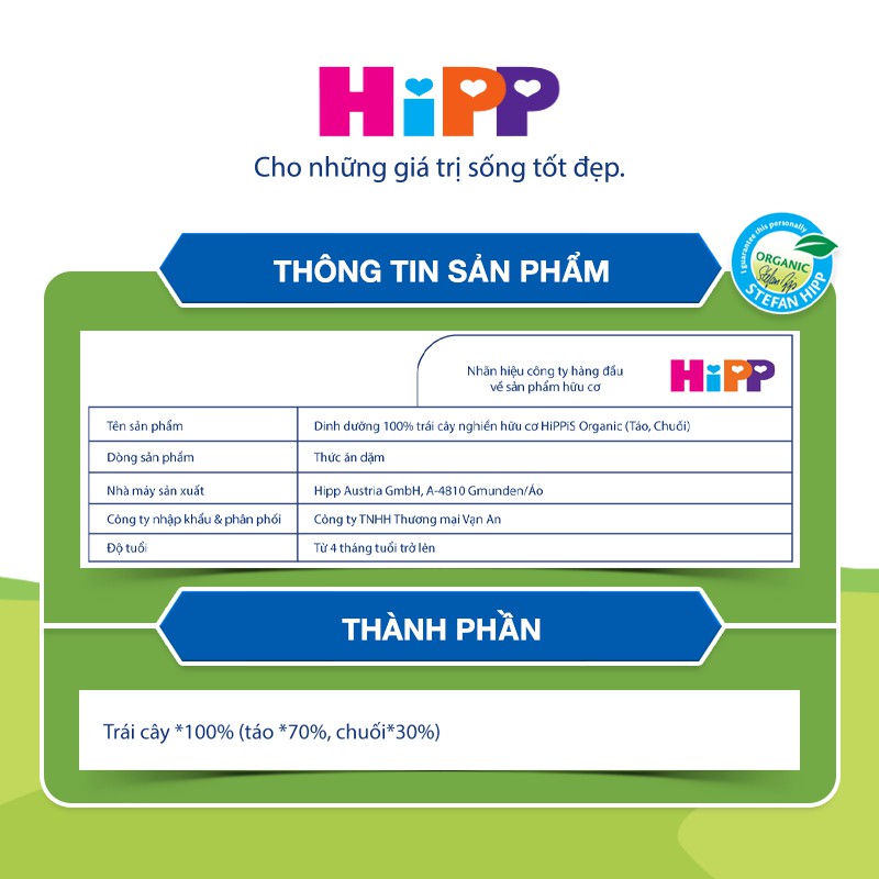 Dinh dưỡng 100% Trái cây nghiền Organic HiPPiS Táo, Chuối 100g