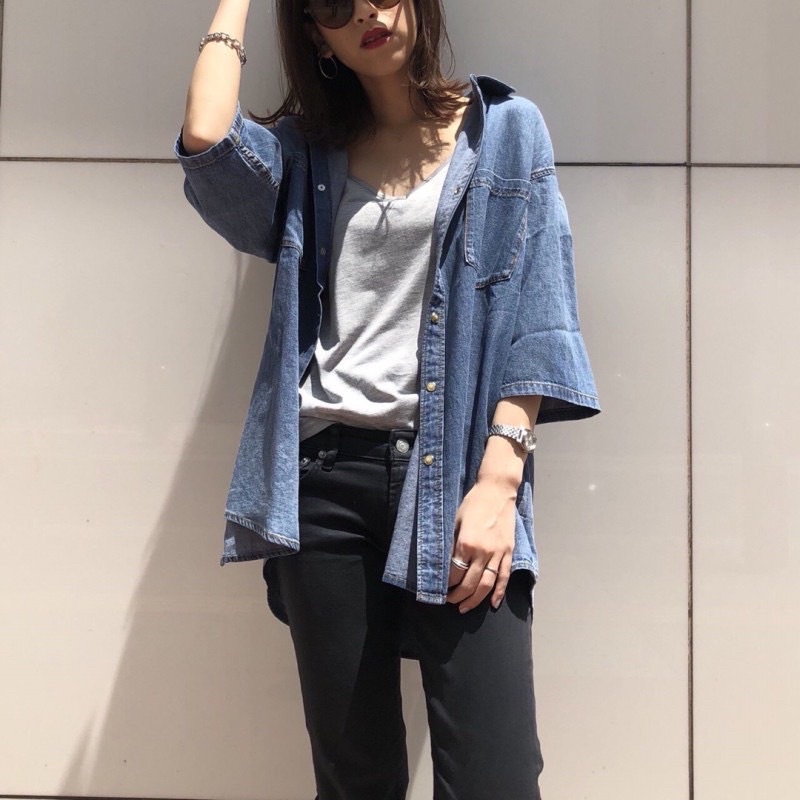 Áo sơ mi nữ tay lỡ vải bò khoác ullzang form rộng, Áo sơ mi bò Hàn Quốc- M7
