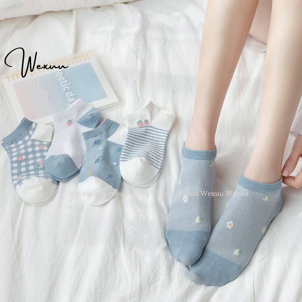 Tất nữ cổ ngắn vải cotton co dãn thoáng khí Wexuu Design họa tiết dễ thương - T14