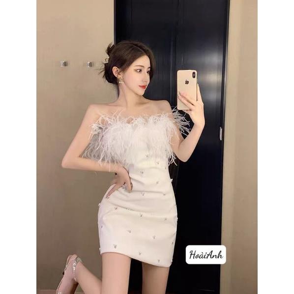 Đầm body hàng 2 lớp đính đá phối lông  hot trend 2022