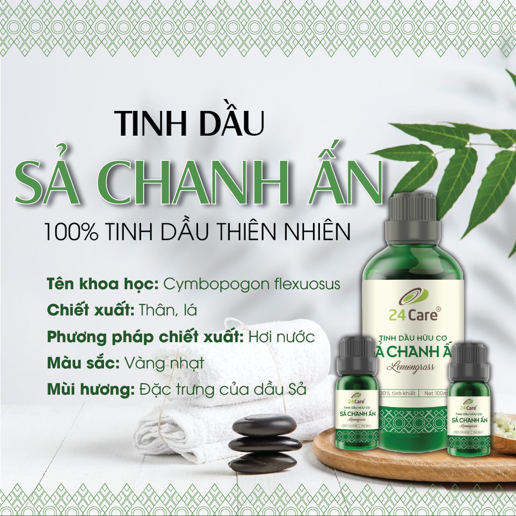 Tinh dầu Sả Chanh Ấn Độ 24Care nguồn gốc thiên nhiên, khử phòng, thư giãn 100ml