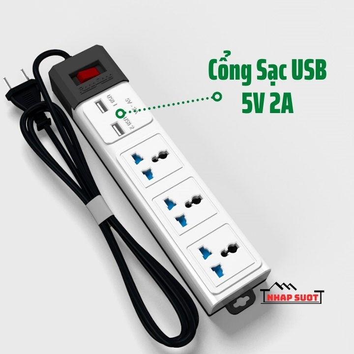 Ổ cắm liền dây đa năng Rạng Đông có cổng USB 5V 2A, ổ điện có màng che an toàn, công suất 2500W (Model: OC02.USB/10A)