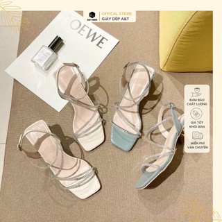 Giày sandal nữ sang chảnh, Dép cao gót quai đính đá mũi vuông gót 5cm M34