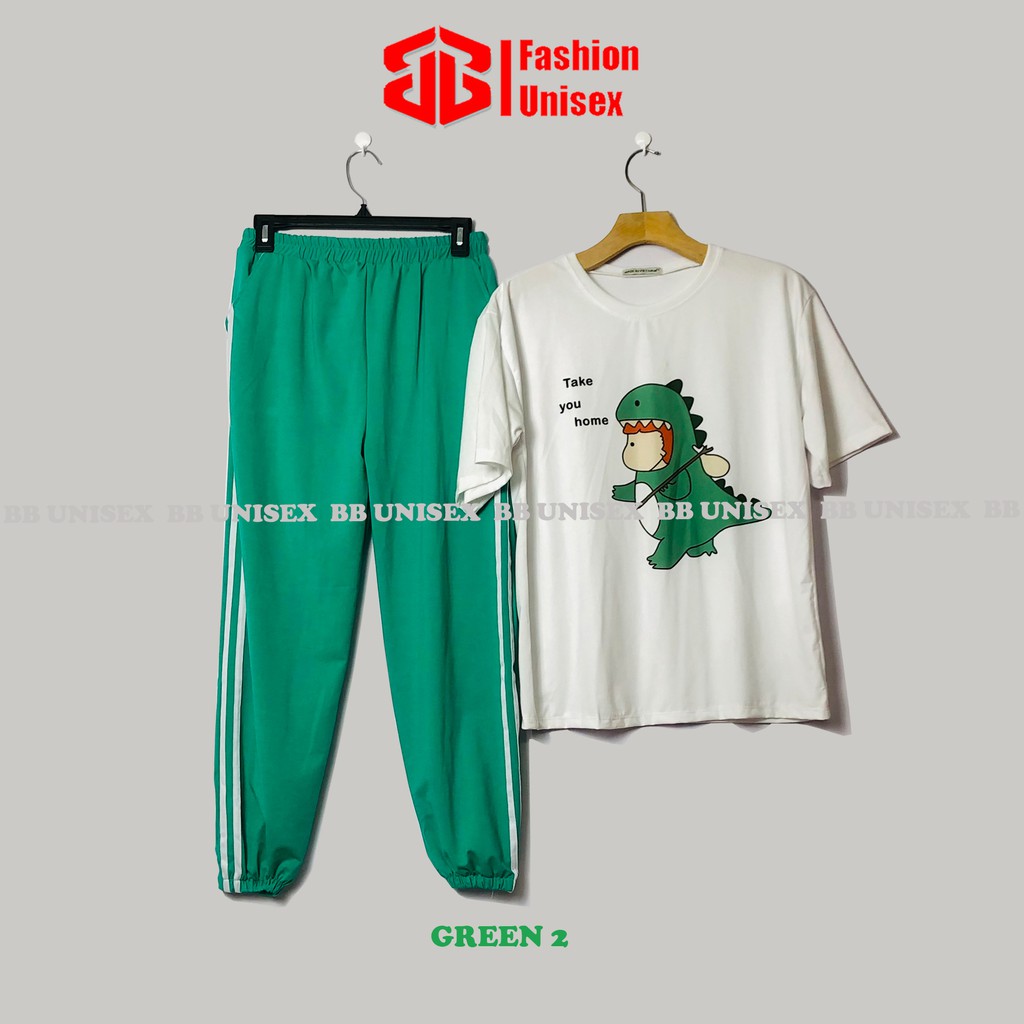 SET BỘ THUN JOGGER 3 SỌC - QUẦN XANH LÁ, ÁO CARTOON From Rộng Unisex , THOÁNG MÁT, Freesize DƯỚI 65KG - 2BI UNISEX