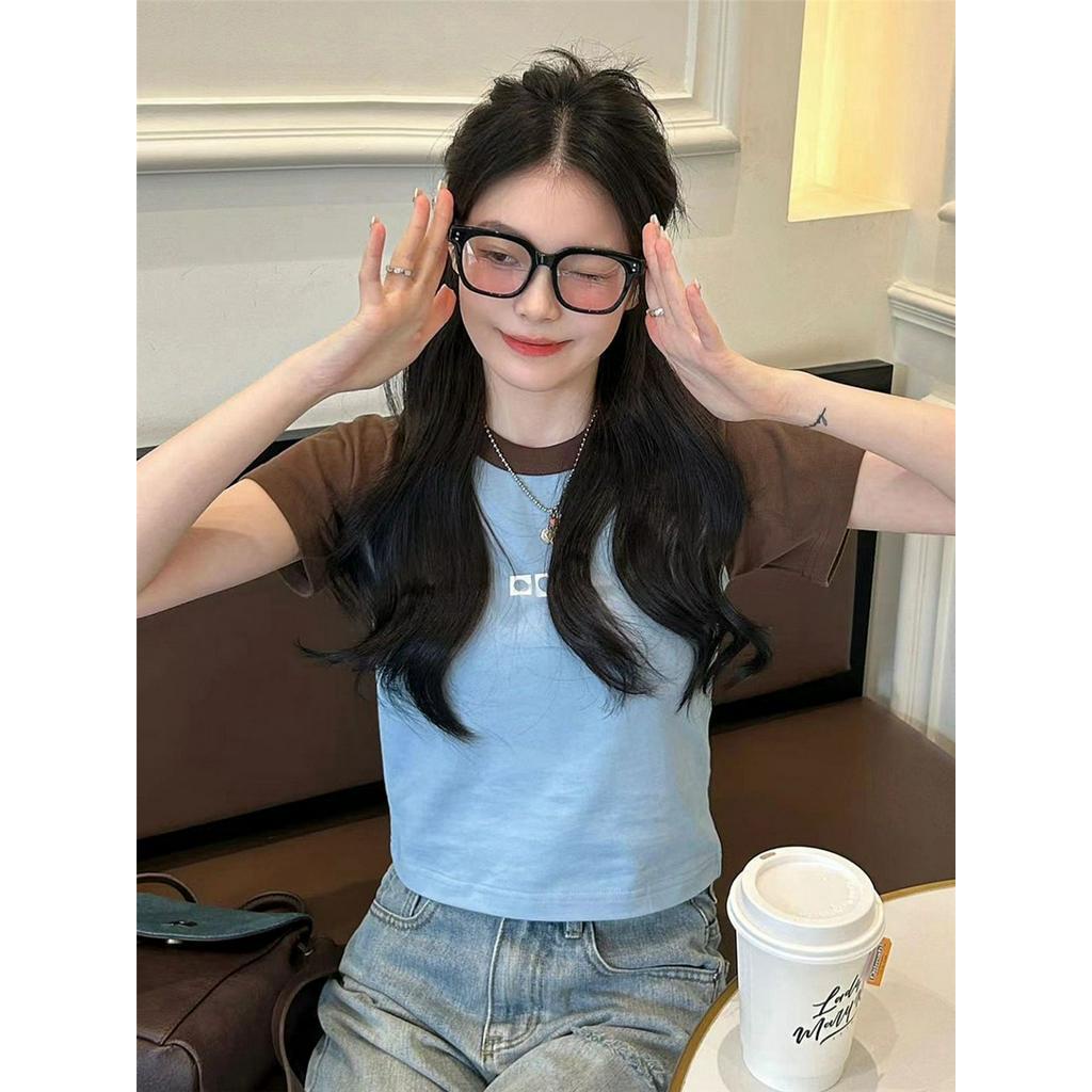 Áo Thun Cotton Cổ Tròn Ngắn Tay Phối Màu Tương Phản Thời Trang Mới 63837