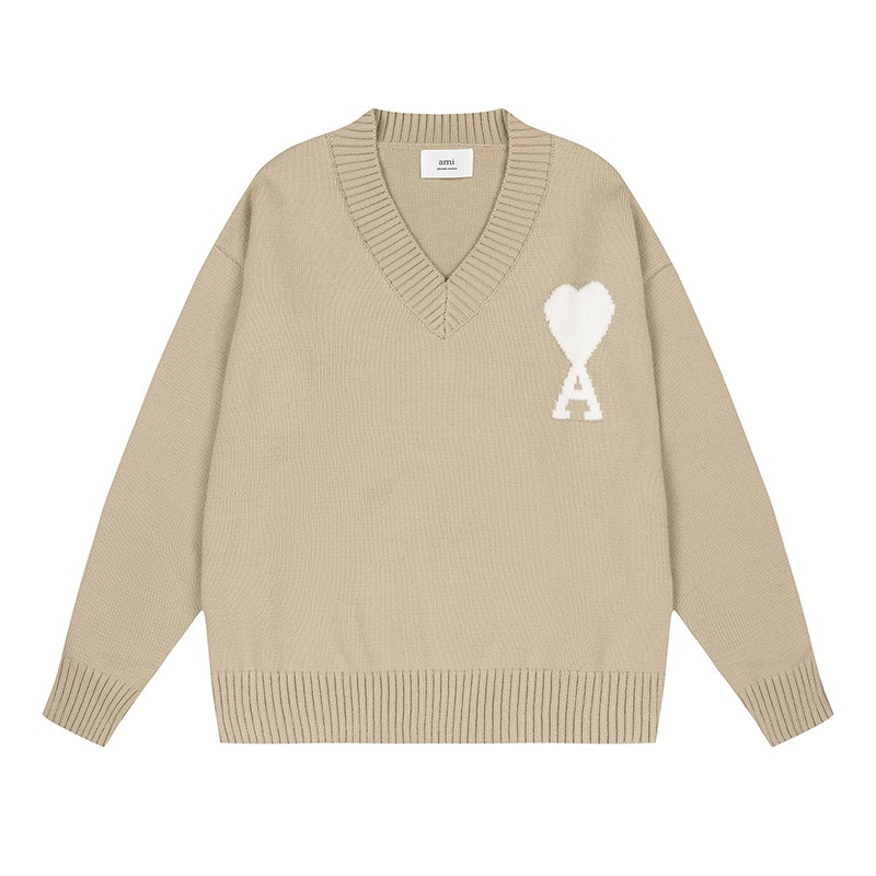 Ami Áo Sweater Cổ Chữ V Vải Jacquard Biểu Tượng Trái Tim Phía Trước Đơn