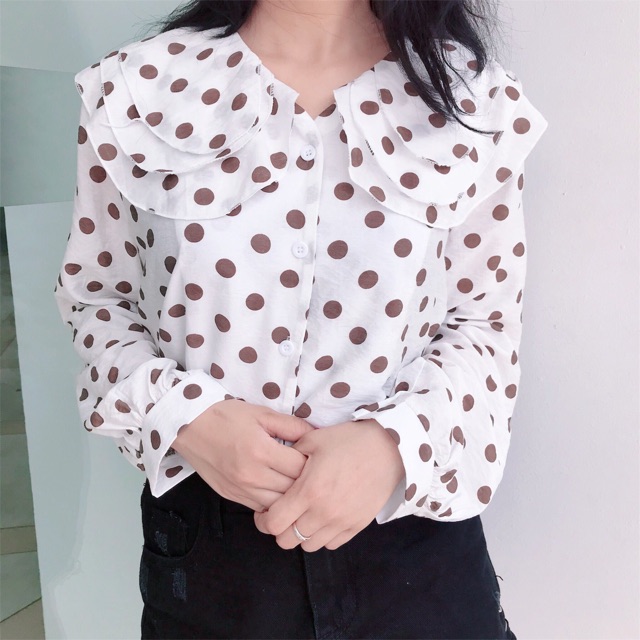 Áo sơ mi chấm bi cổ bèo hàn quốc