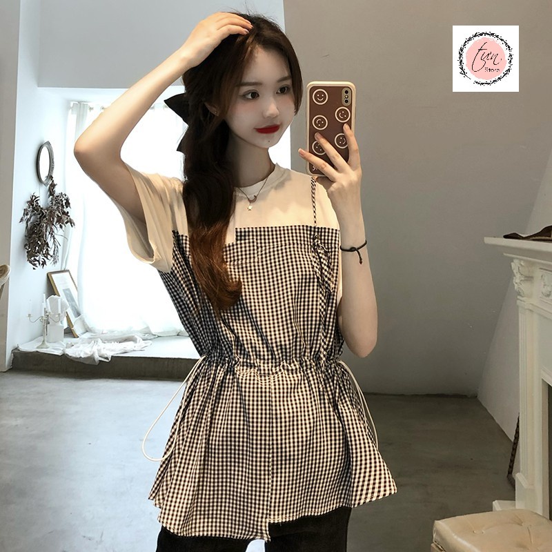 Áo sơ mi kiểu nữ,họa tiết kẻ caro phối dây thắt eo xinh xắn