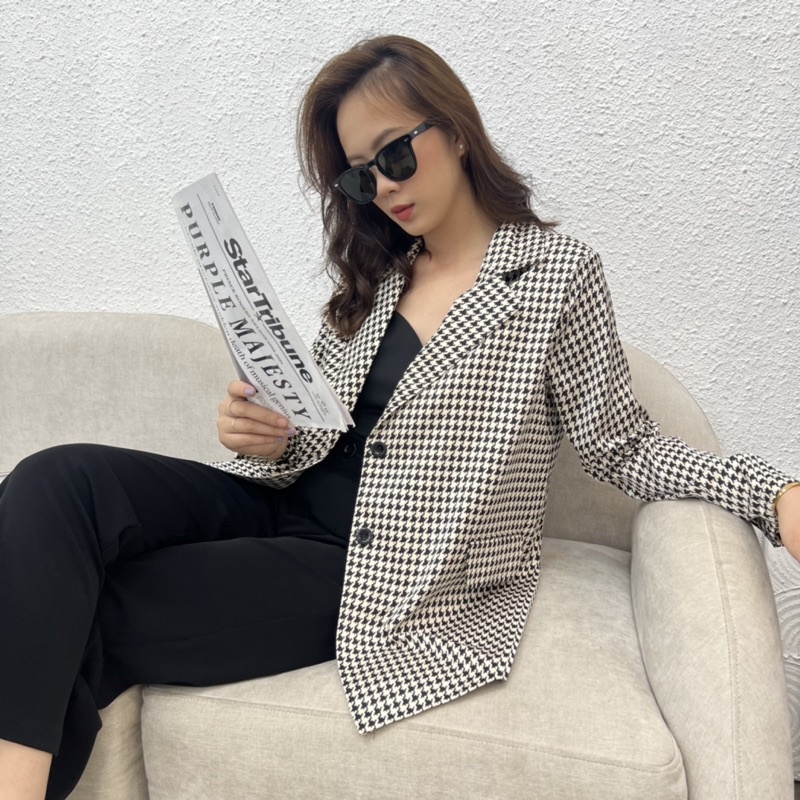 Áo khoác blazer nữ 1 lớp dáng dài họa tiết chất vải mát, có độn vai hàng thiết kế Huien Design độc đáo, áo vest nữ
