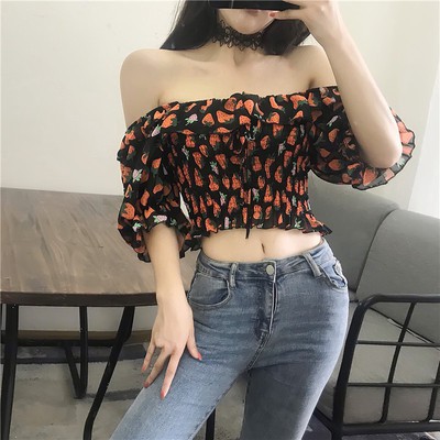 Áo Voan Trễ Vai Croptop Kiểu Dáng Hàn Họa Tiết Dâu Dễ Thương