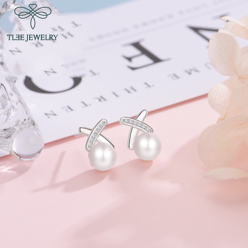 Khuyên tai bạc nữ nơ gắn ngọc trai nhân tạo dáng ngắn sang trọng TleeJewelry B0208