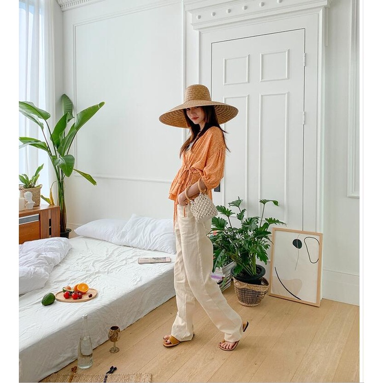 Túi xách đan cói thủ công có dây rút phong cách đi biển sành điệu cho nữ