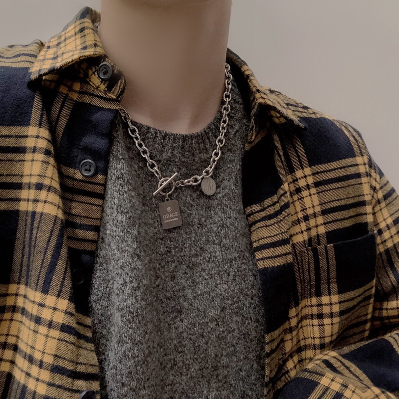 Vòng cổ bằng thép không gỉ mặt thẻ tròn/vuông phối chữ phong cách Harajuku hiphop | BigBuy360 - bigbuy360.vn