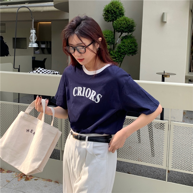 Áo thun SUXI tay ngắn cổ tròn dáng rộng chất liệu cotton in chữ màu sắc đơn giản thời trang mùa hè