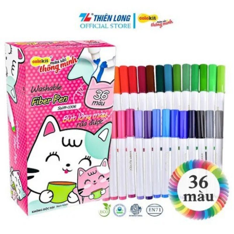 [HÀNG CHÍNH HÃNG] BỘ BÚT LÔNG MÀU RỬA ĐƯỢC  FIBER PEN 36 COLOKIT MÀU-NÉT MẢNH NÉT TO