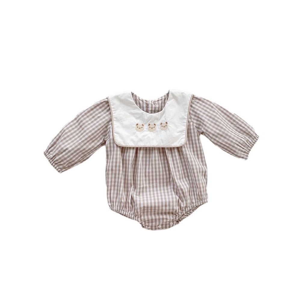 Áo liền quần sọc caro in hình gấu dễ thương thời trang cho bé gái 0-2 tuổi