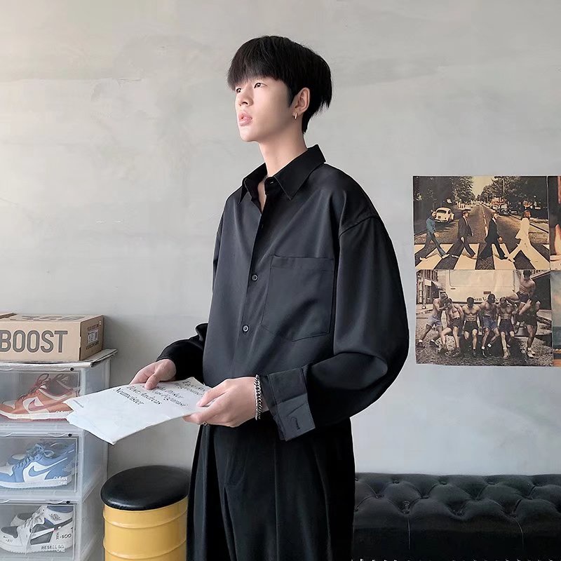 Áo Sơ Mi Trơn Tay Dài Dáng Rộng Thoáng Khí Có Túi Thời Trang Hàn Quốc Cho Nam