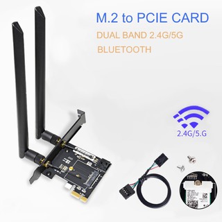 M.2 to PCIE card, hỗ trợ gắn M.2 wifi card, 2 antenna và cáp usb để kết nối bluetooth