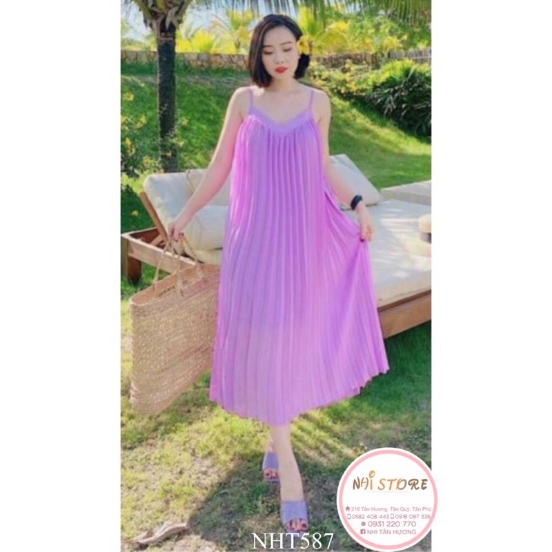 [FREESHIP 50K] Đầm Maxi Hai Dây Dập Li Rẻ Quạt Vải Chiffon NHISTORE Freesize Dưới 60kg