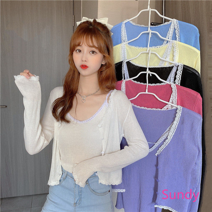 Bộ Áo Dây Dệt Kim Và Áo Khoác Cardigan Xinh Xắn Cho Nữ