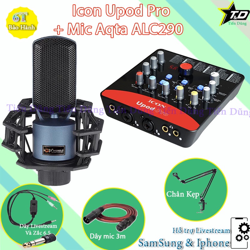 Mic Thu Âm Aqta ALC290 và Sound Card Icon Upod Pro Kèm Chân Kẹp Dây Livestream MA2 Dây Mic 3m Zắc 6.5 , Dây Truyền Nhạc