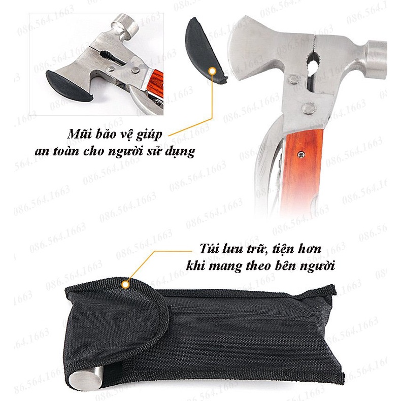 Rìu Đa Năng 9 Trong 1 - Búa Thoát Hiểm Chất Liệu Hợp Kim Không Gỉ Kèm Túi Đựng