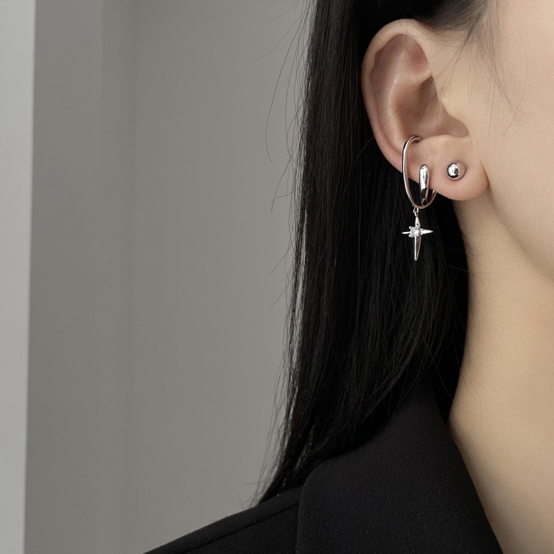 Khuyên kẹp vành tai 19A1246 kiểu chữ thập đơn không cần xỏ lỗ phong cách hiphop Hàn Quốc