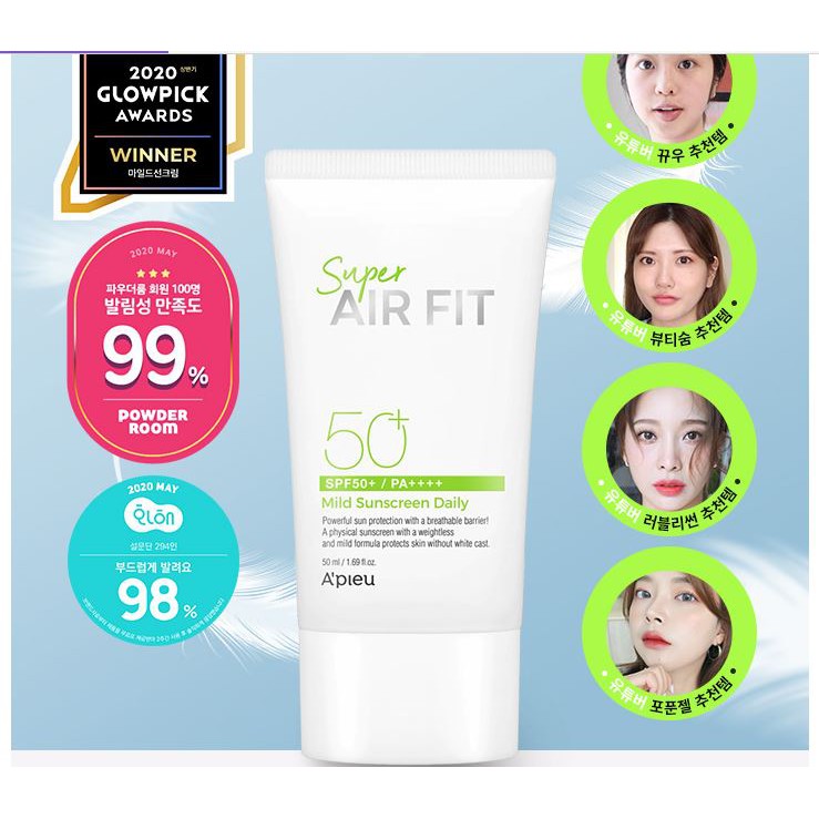 {MINI SIZE} Kem chống nắng Apieu Super Air Fit Mid Sunscreen Daily SPF 50+/PA++++ 20ml