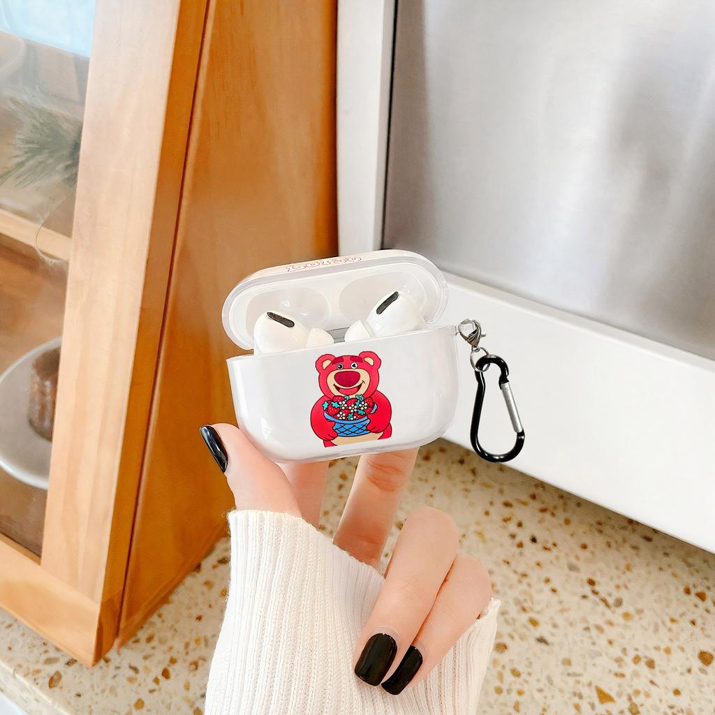 Ốp Airpods 3 gấu dâu lotso Case airpod 1 2 3 pro 2 vỏ bảo vệ hộp sạc tai nghe trong suốt nhựa dẻo có móc treo
