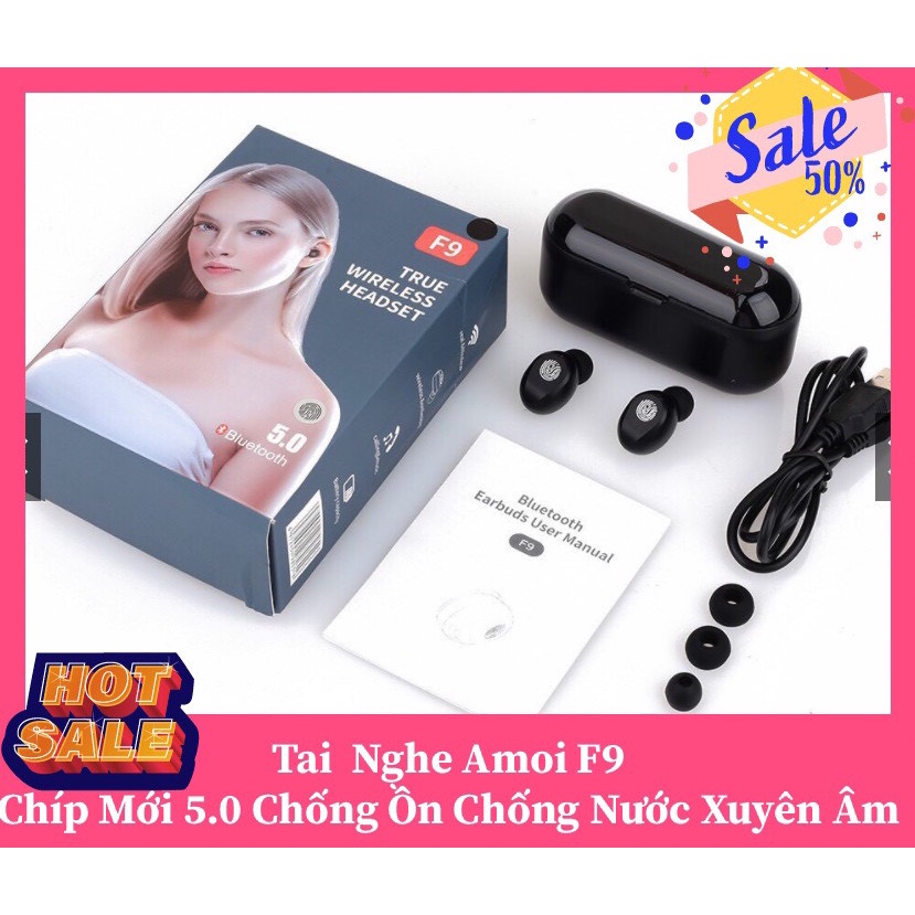 Tai nghe Bluetooth AMOI F9 TWS 5.0 bản QUỐC TẾ không dây cảm ứng chống nước IPX5, chống ồn tích hợp sạc dự phòng 2500mAh