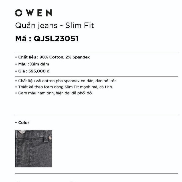 Quần Jean Nam Quần Bò Nam Hàng Hiệu Cao Cấp Owen QJSL23051 Ống Côn Slim Màu Xám Đậm Chất Liệu Cotton Spandex Đàn Hồi Tốt | BigBuy360 - bigbuy360.vn