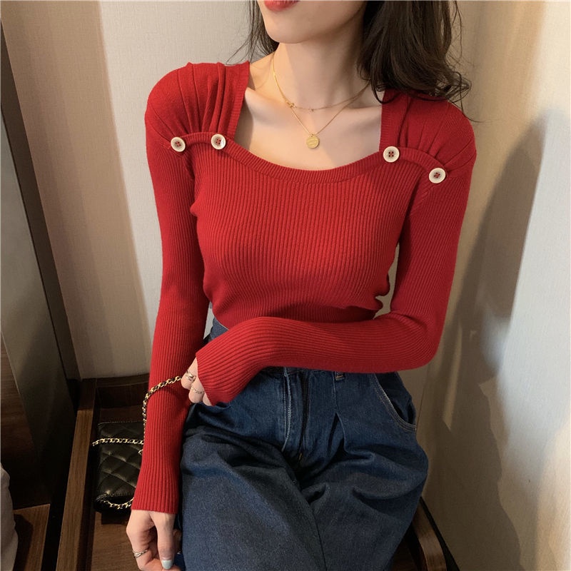 Áo Len Tay Dài Cổ Vuông Thời Trang Phong Cách Hàn Quốc Cho Nữ