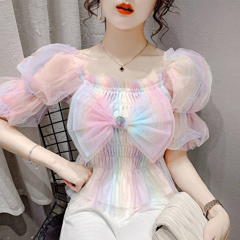 Áo Lưới Tay Phồng Ngắn Đính Kim Sa Lấp Lánh Màu Cầu Vồng Phong Cách Pháp Thời Trang Mùa Hè Hàng Mới Dành Cho Bạn Nữ