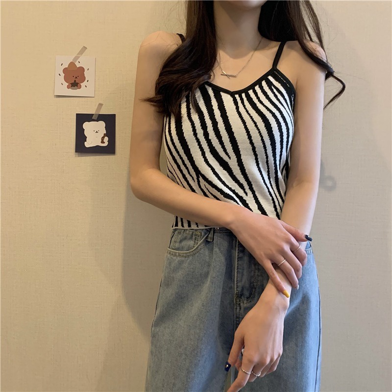 Áo Hai Dây Dệt Kim Họa Tiết Ngựa Vằn / Ngựa Vằn Cá Tính Thời Trang