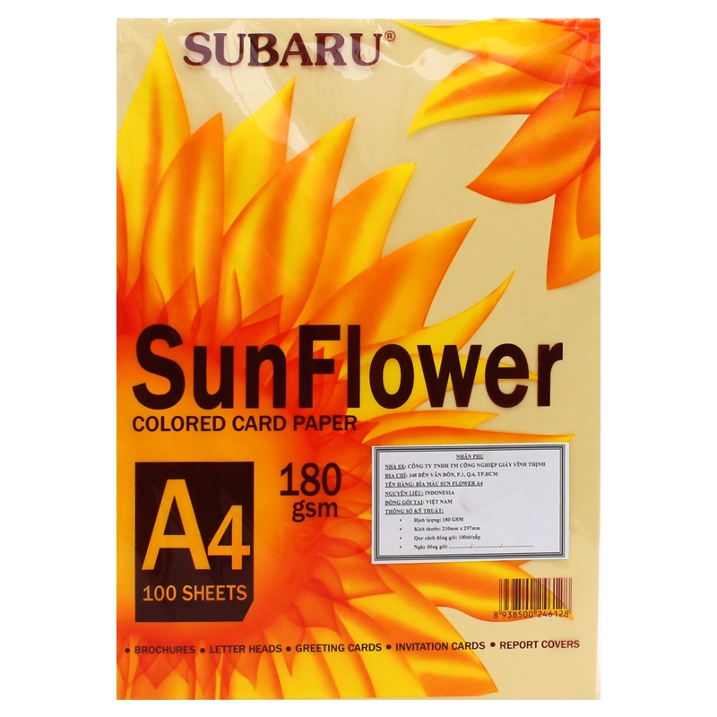 Bìa Giấy Màu Sunflower A4 ĐL180 - Màu Vàng (100 Tờ)